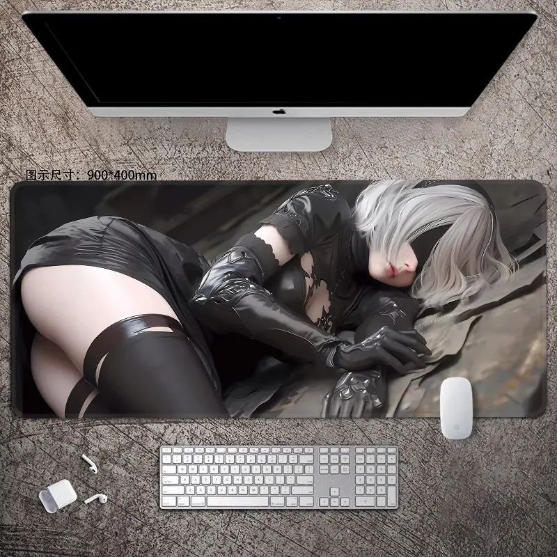 XXL White-haired Black-dress Eye-patch Cool Battle Girl Gaming Mouse Pad Non-Slip Rubber Stitched Desk Mat for PC