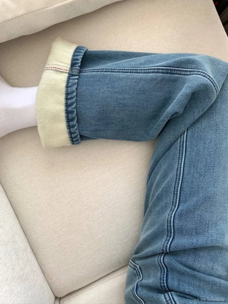 حجم كبير Thiened Fce عالية الخصر الجينز المرأة الشتاء فضفاض بنطال ذو قصة أرجل واسعة مستقيم قطع الطابق طول بنطلون