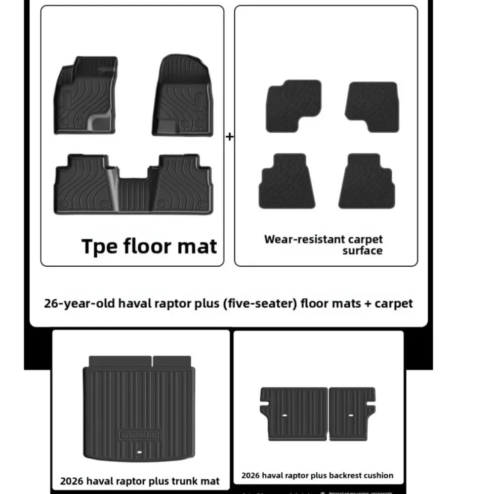 For Haval Raptor (Menglong /V7) LHD 2023‑2026 Car Mats, All-Weather Waterproof TPE Floor Mats, Trunk and Backrest Pads