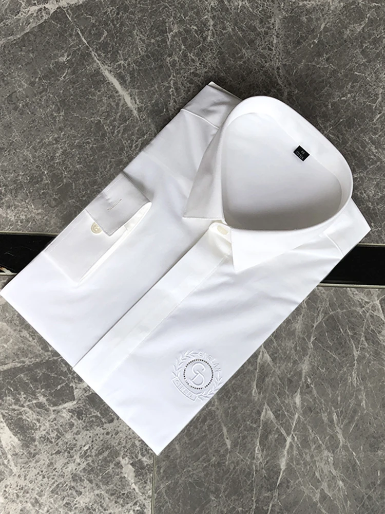 Heren Lange Sve Geborduurde Slim Fit irt Faionable Luxe Werkkleding Busin irt Kleur Geweven Stof Puntige Kraag