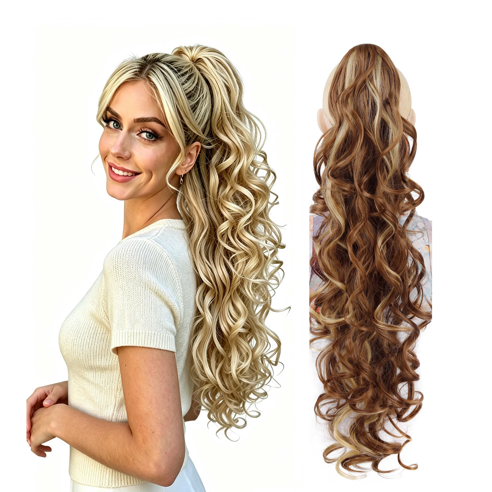 Ponytails 32inch Extra Long Women’s Curly Hair Claw Clip Ponytail Wig Large Wave Synthetic Hair Ponytail Extension