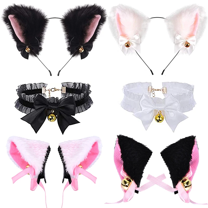 Sexy Cat Ears Headband for Women Girls Lace Bow Necklace Plush Bell Hairband Cosplay Masquerade-Party Costume Hair Accessories