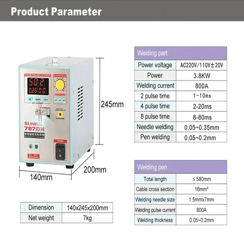 Soldadora por puntos de pulso de precisión de alta potencia SUNKKO-3.8 kilovatios 797DH, 18650 de espesor hasta 0,35 mm