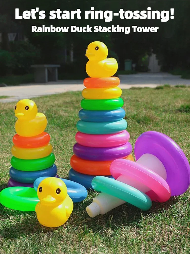 

Yellow duck Rainbow Tower Stacked Circle plastic rainbow Circle toys Circle toss Interactive game Birthday gifts