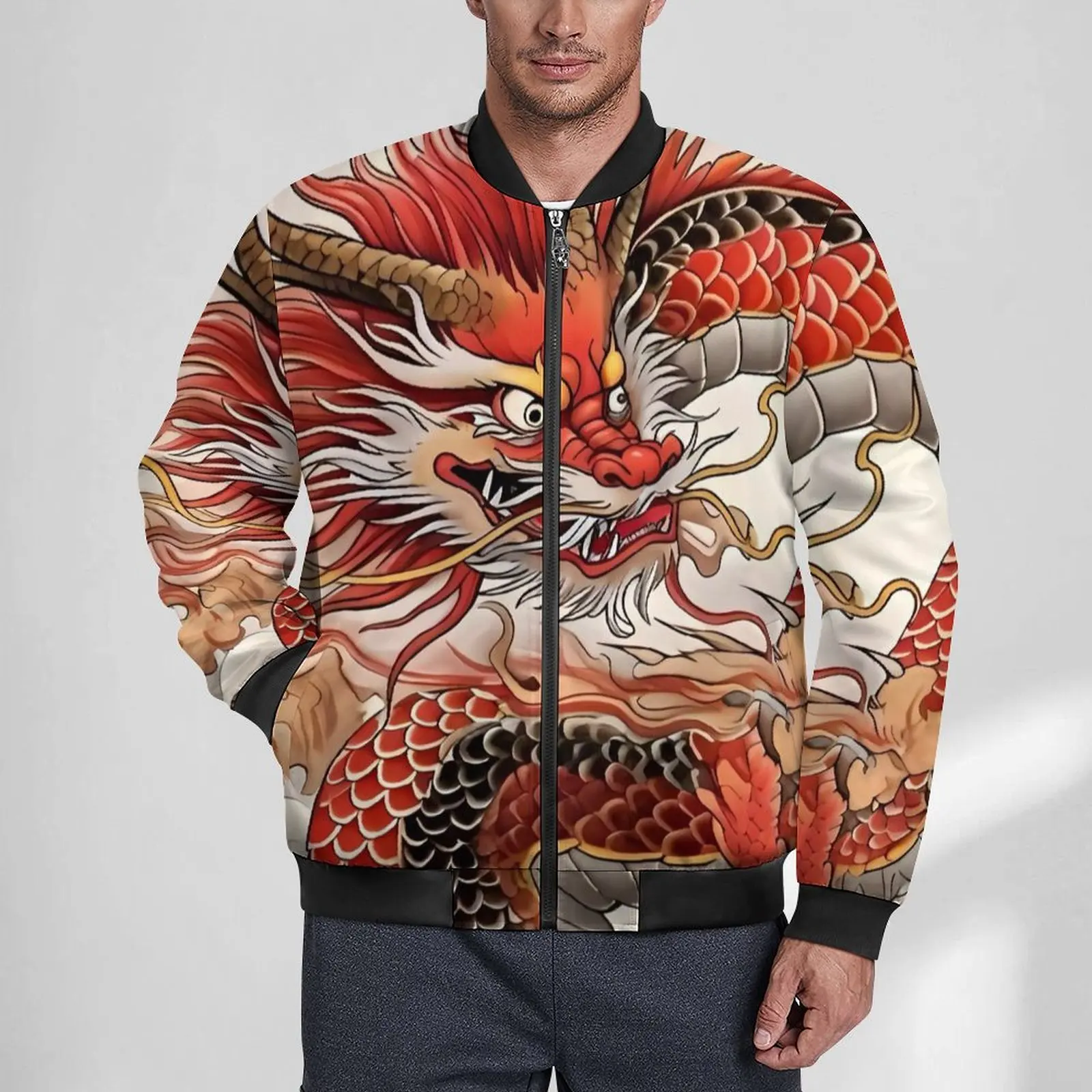 Year of The Dragon Jackets Animal Zipper Winter Coats Male Retro Casual Jacket Pattern Outdoor Oversized Windbreak Birthday Gift