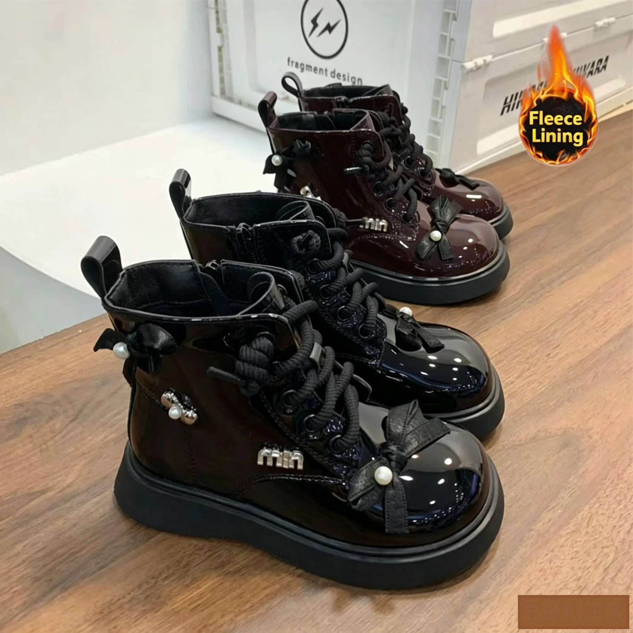 Girls Ankle Boots Bow Pearl Decor Lace-Up Side Zipper Plush Lined Warm Non-Slip Kids Booties for Autumn Winter Outdoor School