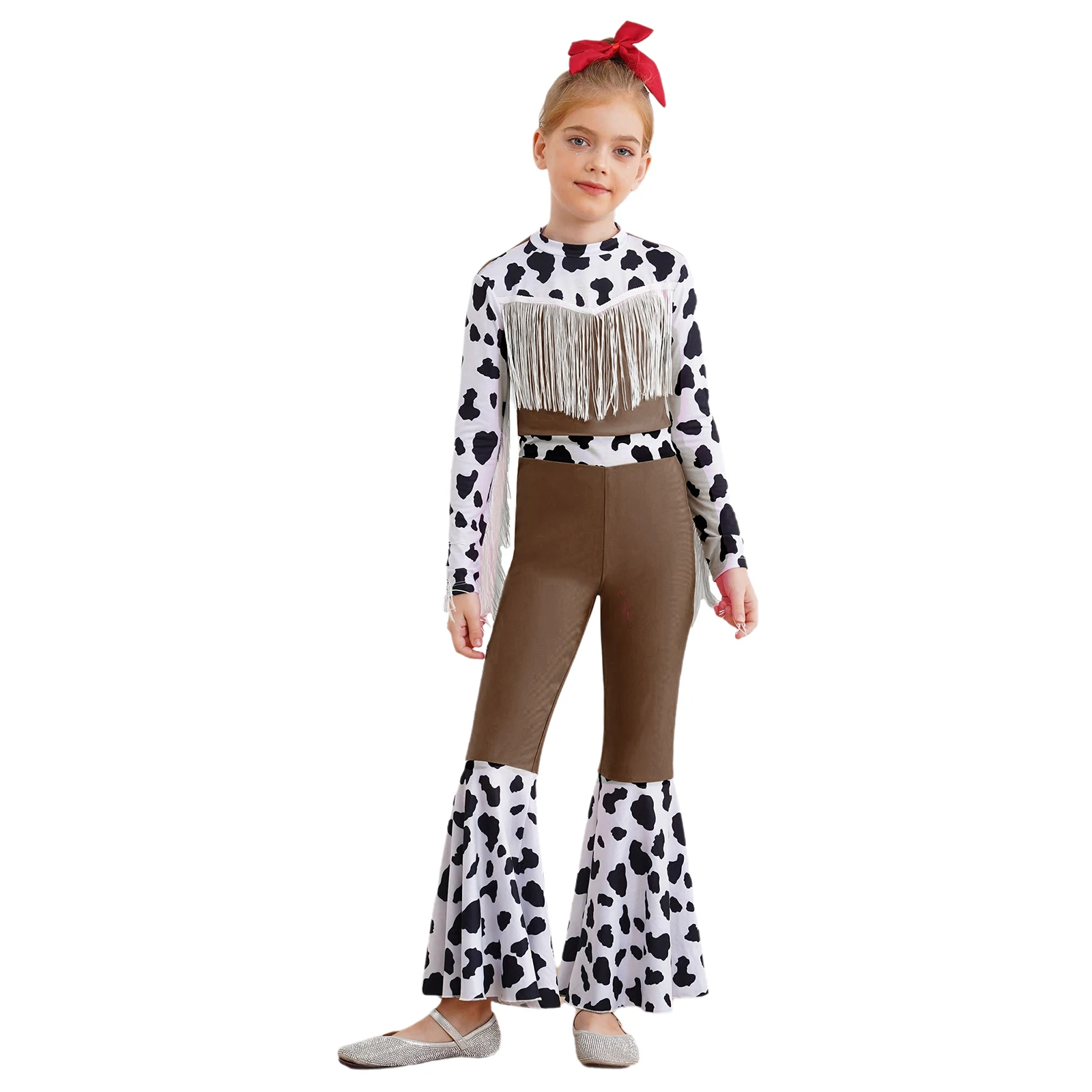 Kids Girls Western Cowboy Cowgirl Costume Long Sleeve High Waist Fringe Cow Print Flared Jumpsuit Bodysuit for Halloween Cosplay