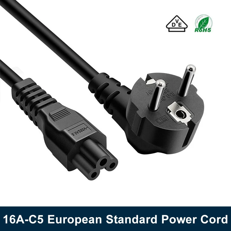 16A Pure Copper EU Power Cord 3Pin 0.5/0.75 Square European Standard Plum Blossom Tail Cable 1.5M C15 to EU Laptop Adapter Wire