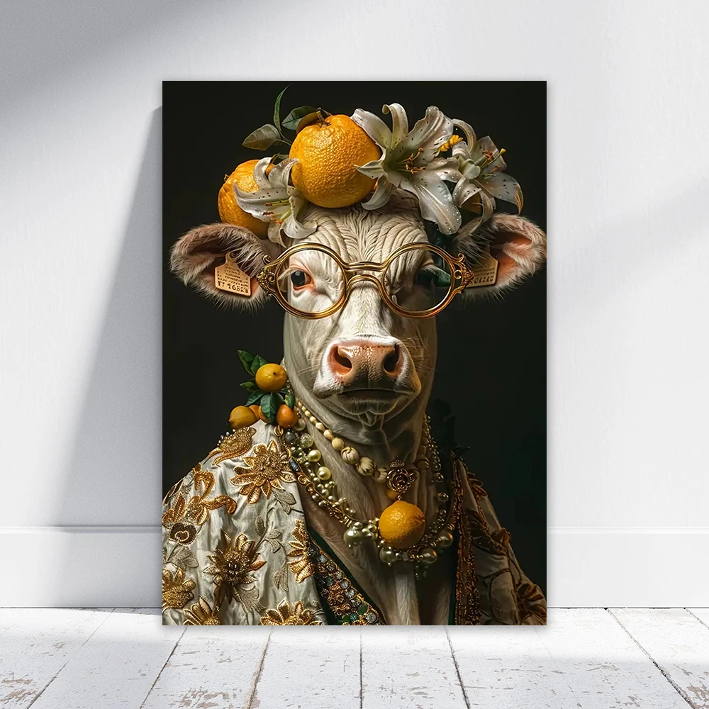 Colorful Animal Cow Couture Print Poster Summer Cow Print Bar Cart Decor Vintage Rabbit Canvas Painting Quirky Animal Wall Decor