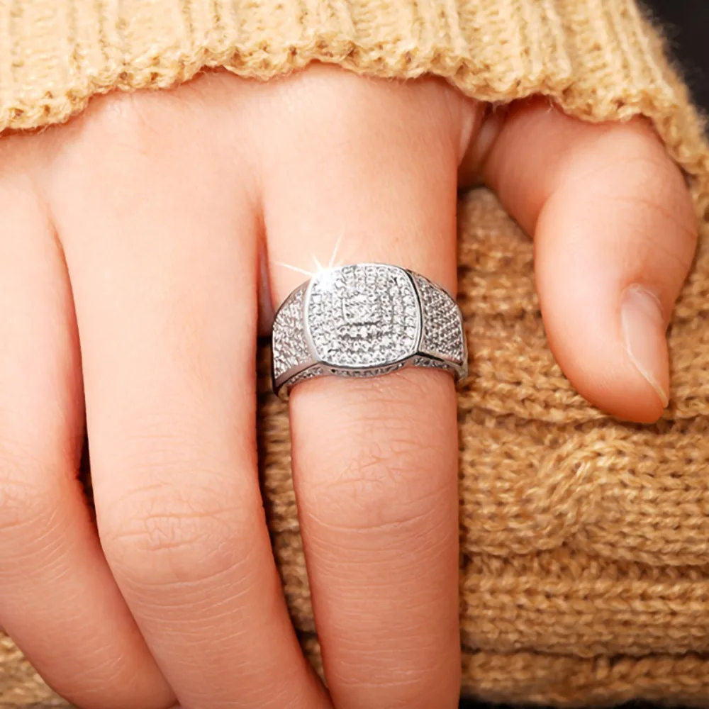 Hip Hop Luxury Full Paved 5A Zircon Rings for Women Gold Silver Two Tone Wide Band Statement Wedding Finger Jewelry Colorfast