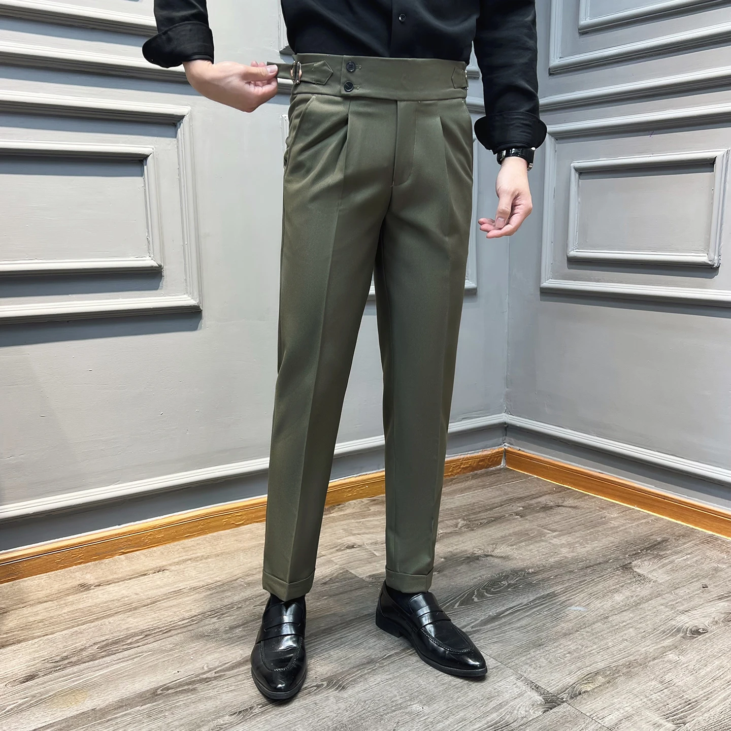 Celana Panjang Pria Model Italia Naples High Waisted Straight Berkualitas Tinggi Warna Solid untuk Bisnis Kasual Formal Kantor dan Acara Sosial