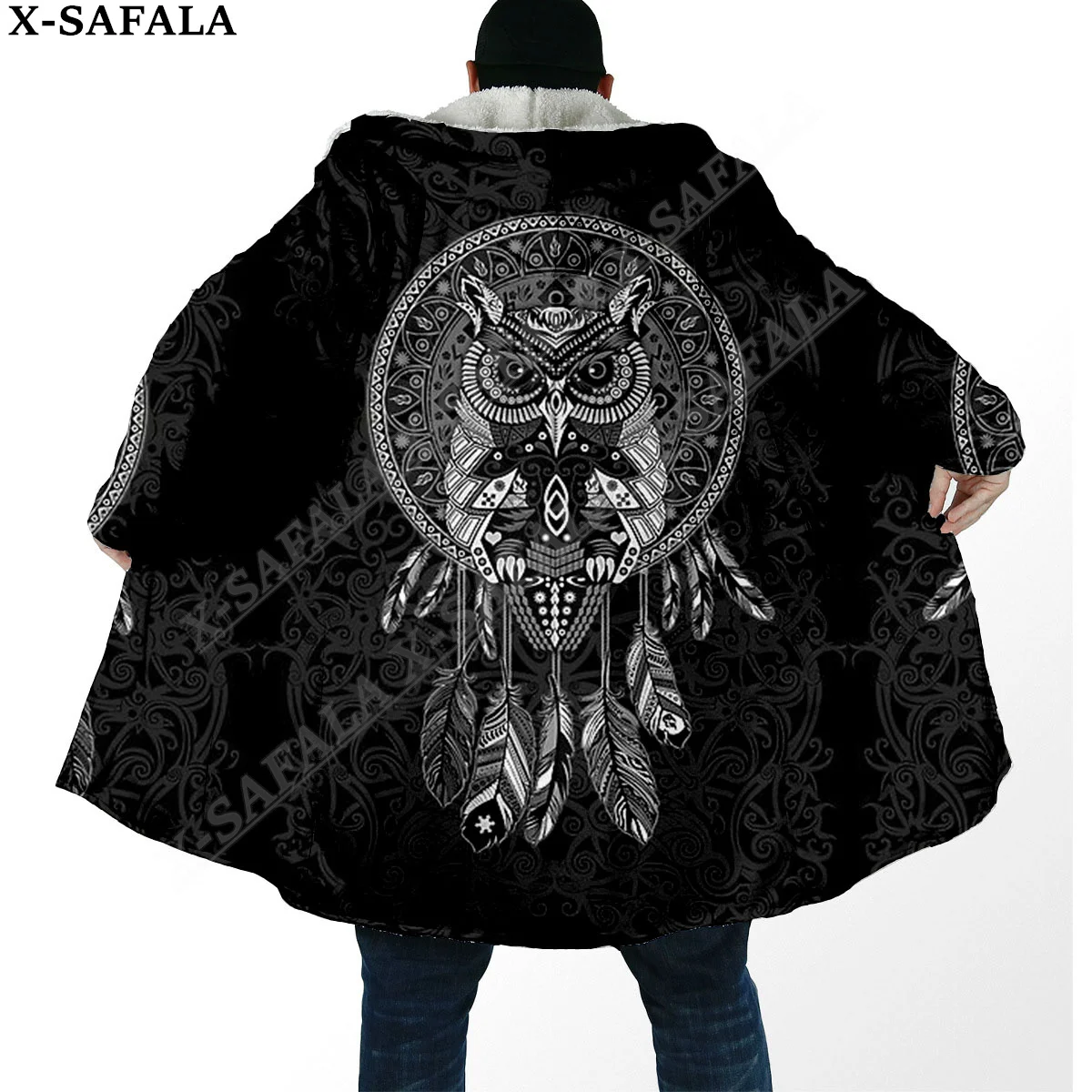 Psychedelic Trippy Dark Owl Overcoat Coat 3D Print Thick Warm Hooded Cloak Men Windproof Fleece Unisex-3