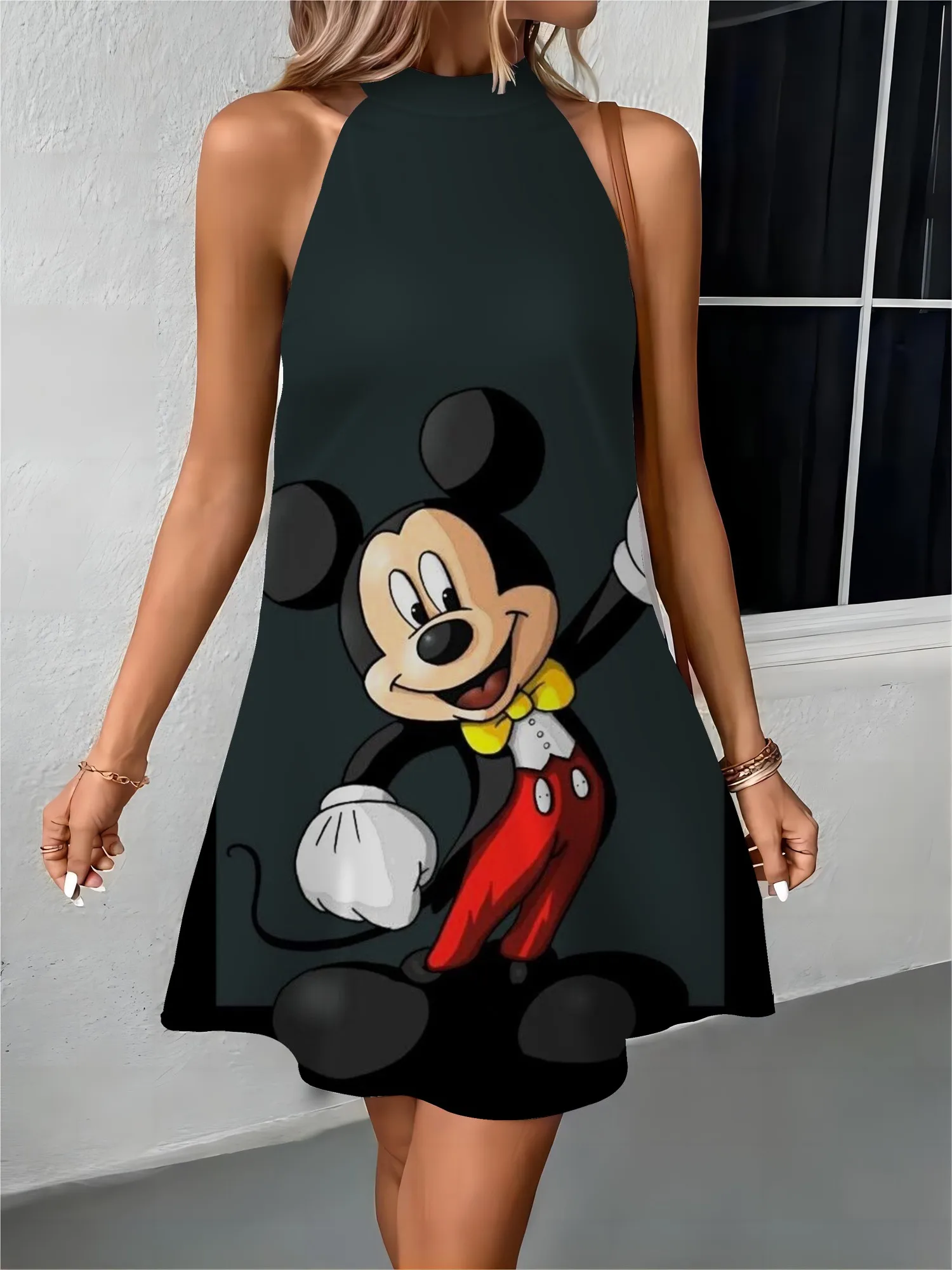 Womens Dresses Female Dress Disney Apron Off Shoulder Bow Knot Mickey Minnie Mouse Fashion Summer 2024 Elegant Women Party Midi