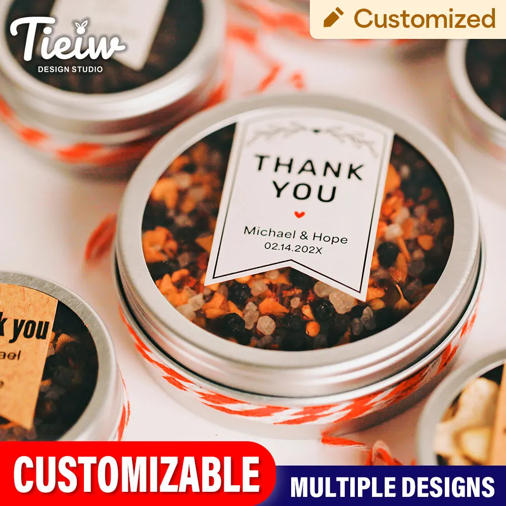 25 uds latas de recuerdo de boda personalizadas regalo de invitados de boda Mini contenedores latas de Metal personalizadas con tapa transparente para especias semillas de dulces