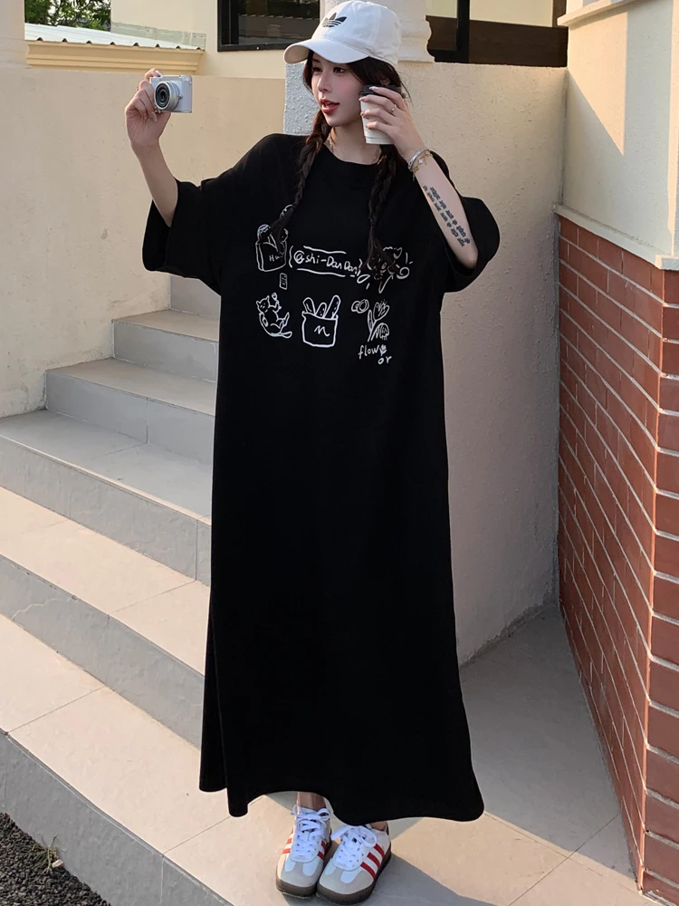 NYFS 2025 فستان صيفي نسائي مطبوع على الطراز الكوري فضفاض مقاس كبير بأكمام قصيرة فستان طويل رداء Elbise