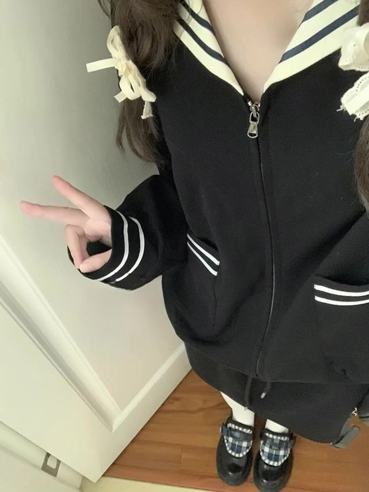 

Y2k Эстетический Лоскутный Морской Воротник Свободный Пуловер Толстовка + Шнурок Гранж Мини Юбки Женщины Осенний Гранж Комплект Из Две Частей