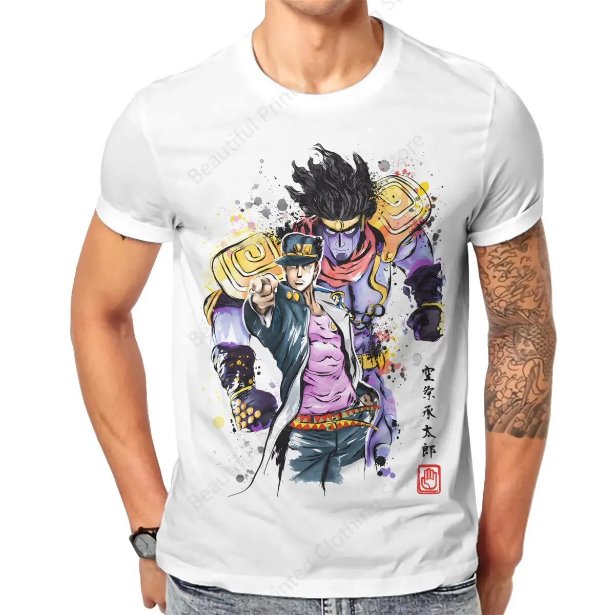 Couple T-Shirt Bizarre Adventure Watercolor Funny Printing T-ShirtsO-Neck Breathable Tee Cotton Fun Tees