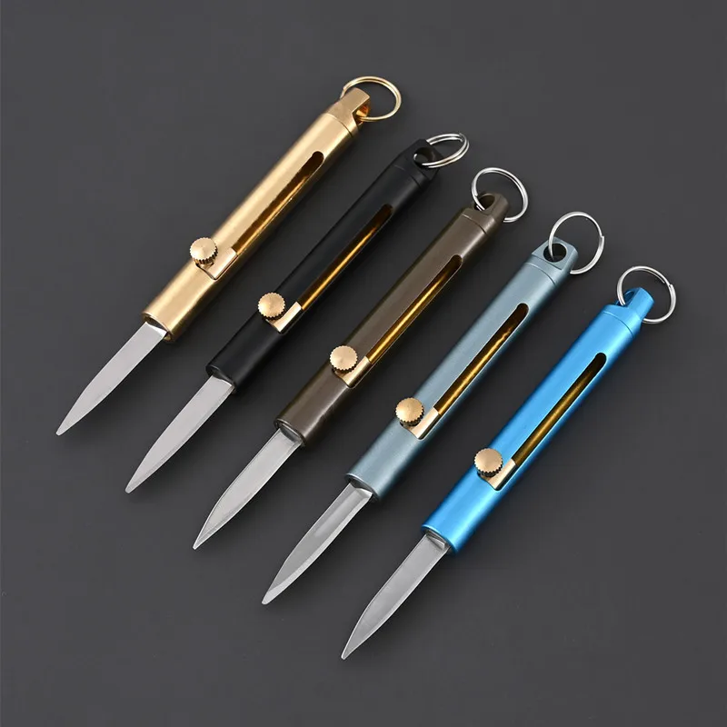 EDC Brass Retractable Knife Outdoor Portable Sharp Utility Knife Camping Self-defense Open Delivery Tool Carry Key Pendant Gift