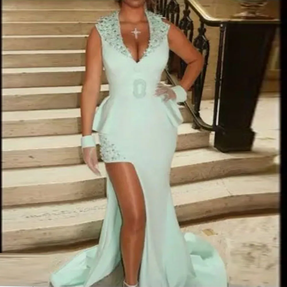 Vestido de cóctel de satén menta para mujer, vestido de cóctel de sirena con cuello en V, vestido de fiesta con cuentas, vestido de fiesta sin mangas hasta el suelo
