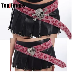 Women's Harajuku Steampunk Y2K The Spice Girls leopard print Plush waistband Dark Skeleton Hand love pink Decorative Furry belt