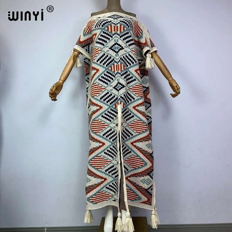 WINYI nowy geometryczny nadruk komfortowy ciepła moda kaftan sukienka na wakacje elegancki afrykański Boho imprezowe zimowy kaftan dla kobiet długa