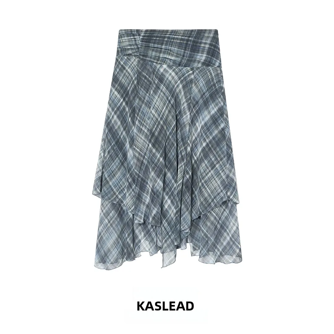 กระโปรงมิดิลายสก็อตแบบอสมมาตรอเนกประสงค์ KASLEAD สำหรับผู้หญิง เอวสูง สไตล์สตรีท ผลิตจากเส้นใยโพลีเอสเตอร์