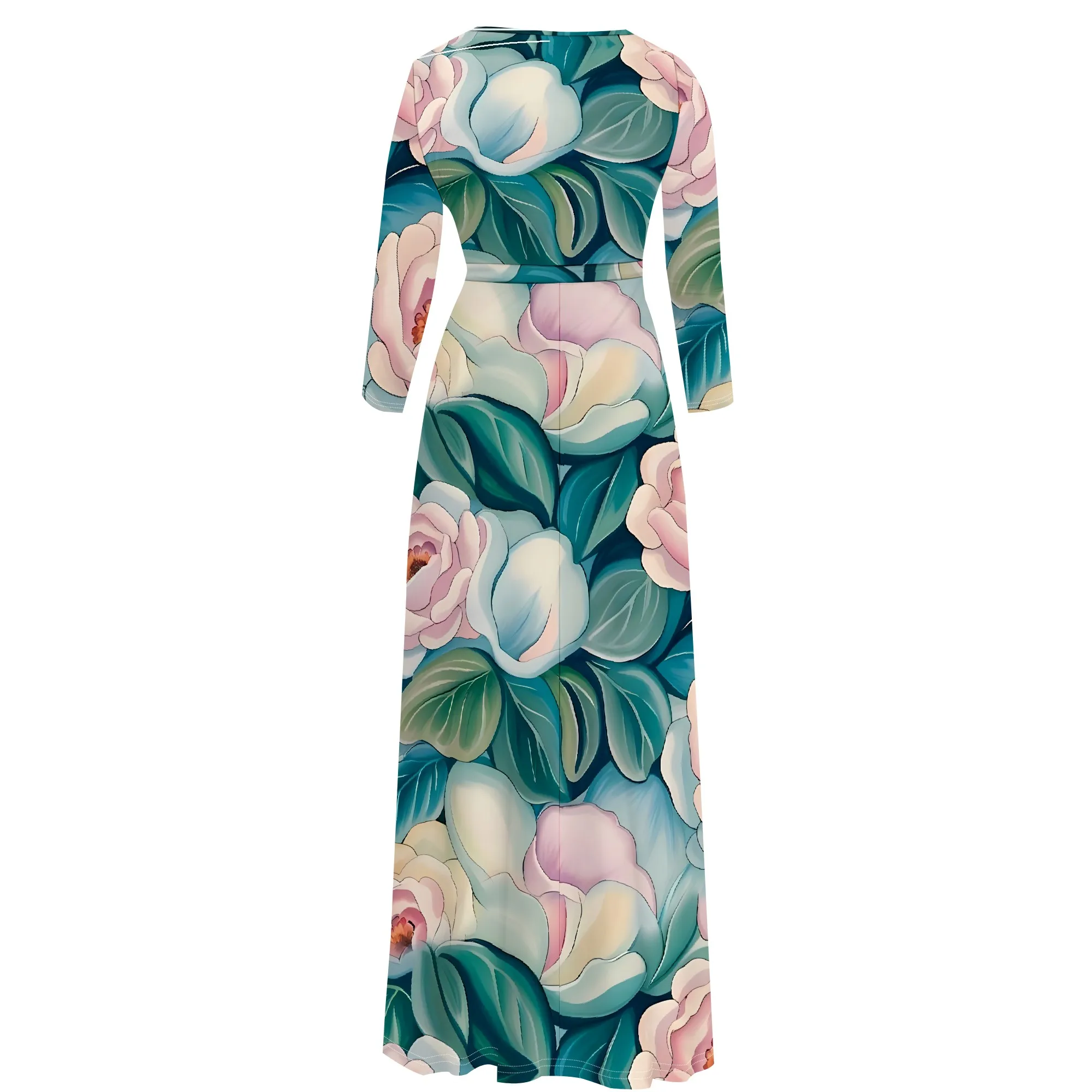 V-Neck Floral Wrap Maxi Dress with Belt Elegant Pastel Summer Dress with 3/4 Sleeves