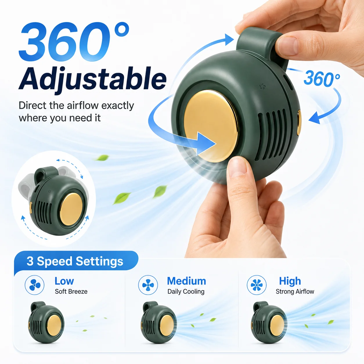 Ventilateur portable mains libres à clipser à la ceinture, mini, sans pales, 3 vitesses, silencieux, pour le refroidissement estival, idéal pour la randonnée, le camping et le bureau