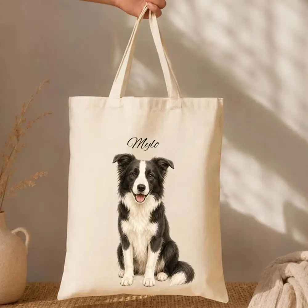 Canvas Tote Bag Personalized Custom Dog Portrait Pet Photo Print Cotton Shopping Bag Reusable Shoulder Bag Dog Lover Gift