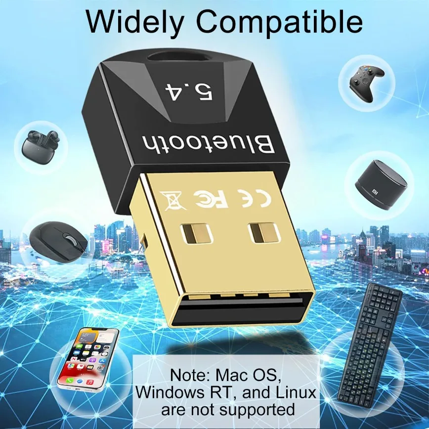 USB Bluetooth 5.4 Adapter Wireless Bluetooth Dongle Receiver for PC Laptop Win 11/10/8//7 Headset Speaker Keyboard Mouse Printer