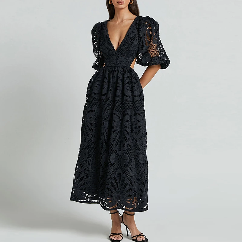 Women Sexy Pleated A-Line Dress Embroidery Retro Puff Short Sleeve Party Dress Temperament V Neck Waist Hollow Lace Long Dress