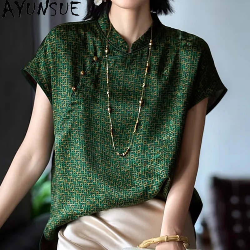 AYUNSUE 91% Mulberry Silk Women's T-shirts Elegant New Chinese Style Tops for Woman Short Sleeve T Shirt Woman Clothes Футболка