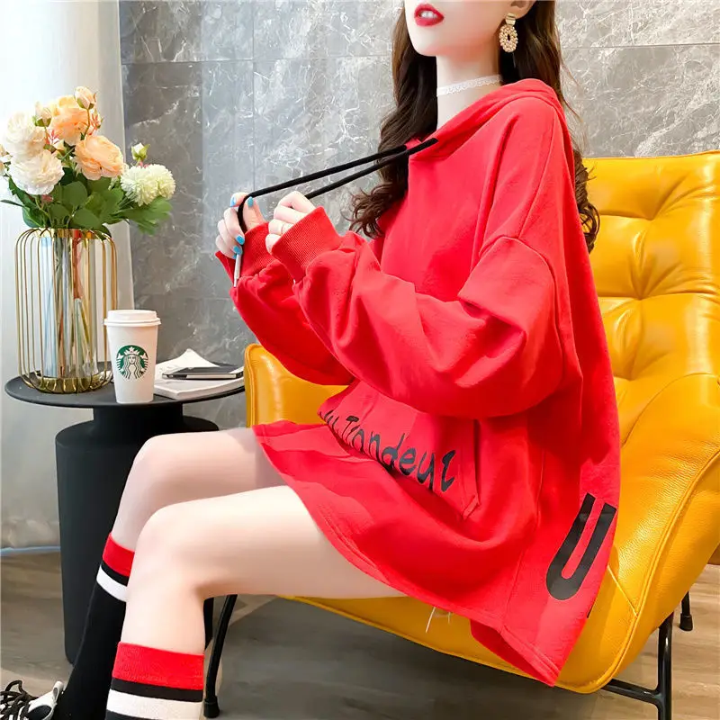 Fashion Solid Hoodies Women Clothing Spring Autumn New Long Sleeve Printing Letter Loose Casual Pullovers Top Korean High Street