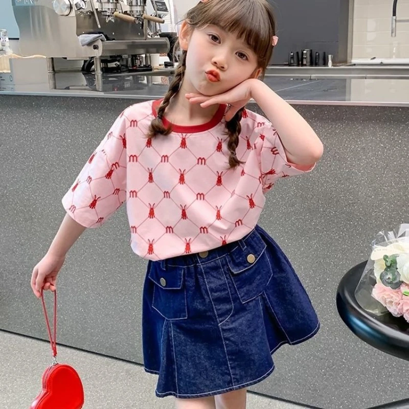 Kids Girls Summer T-Shirt 2026 New Arrival Short Sleeve All Over Cartoon Print Casual Top Cute Breathable for Children