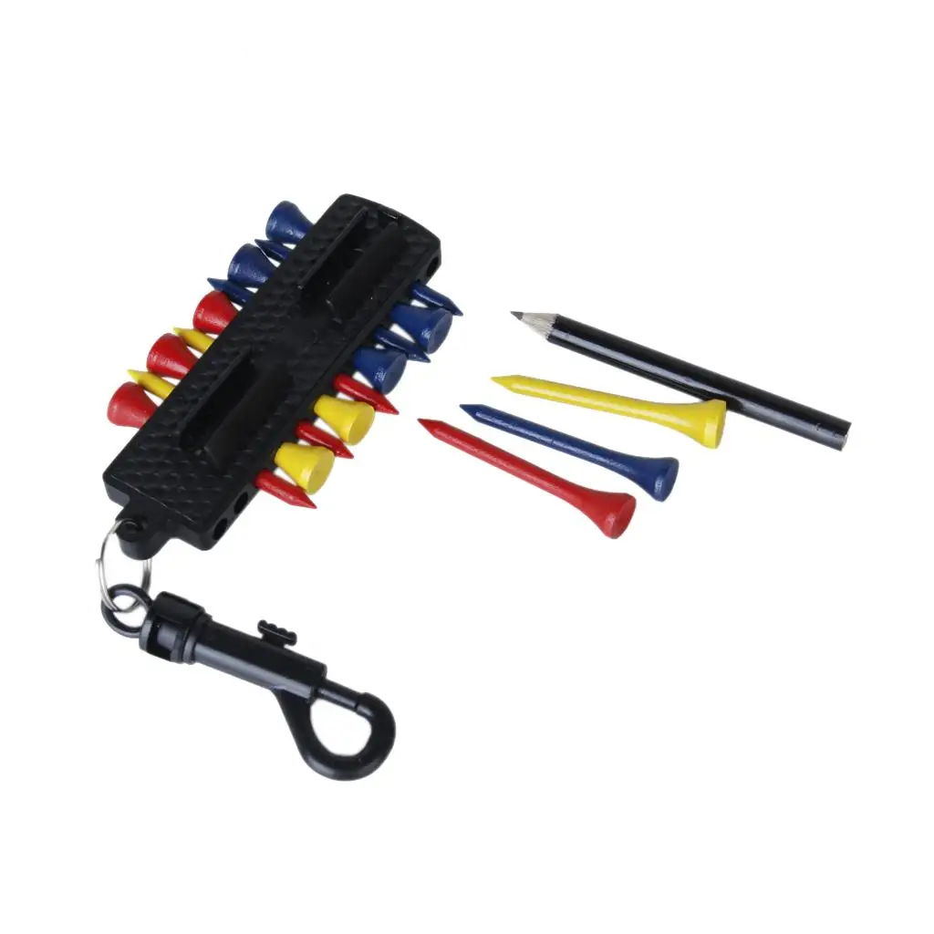 Golf Tee Caddy Plastic Pocket Holder with Keychain Includes 12 Tees 2 Markers Pencil Divot Tool for Golfer