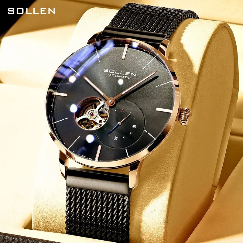 

SOLLEN 2023 New Luxury Brand Automatic Mechanical Watches Rose Gold Fashion Business Watch For Men Luminous Waterproof Reloj