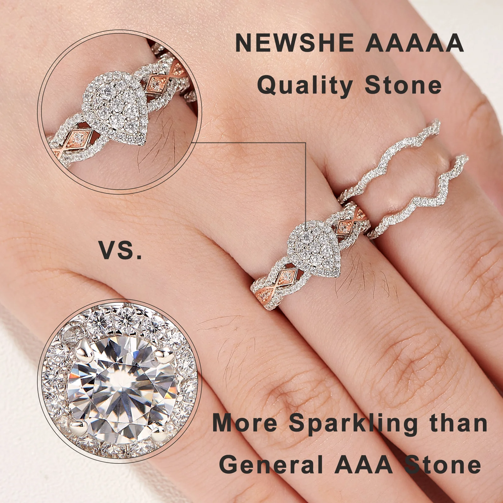 Newshe 3 Pcs 925 Sterling Silver Wedding Rings for Women 1.3 Ct Double Pear Shape AAAAA CZ Engagement Ring Set Trendy Jewelry