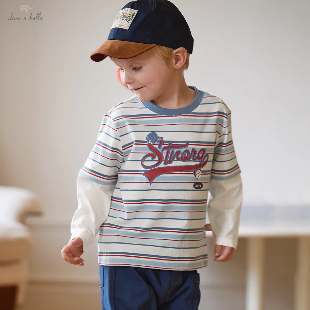 Dave Bella Children T-shirt Autumn Clothes Bottom Tops Printed Striped Boys Pullover Casual Pure Cotton Fashion Sports DB3262549