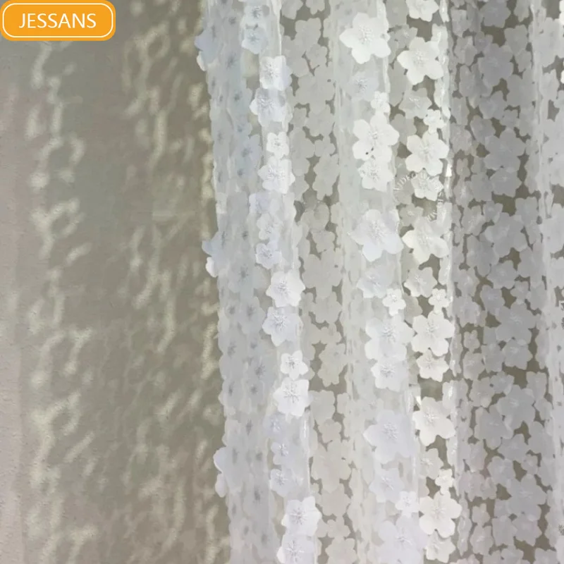 New Cherry Blossom Three-dimensional Relief White Lace Window Screen Curtains for Bedroom Living Room French Window Villa