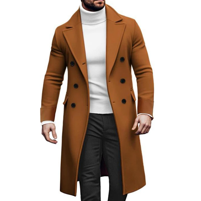 Men's Winter European Double-breasted Mid-length Woolen Coats Fashion Retro Leisure Solid Color Luxury Popular Trench Jacket