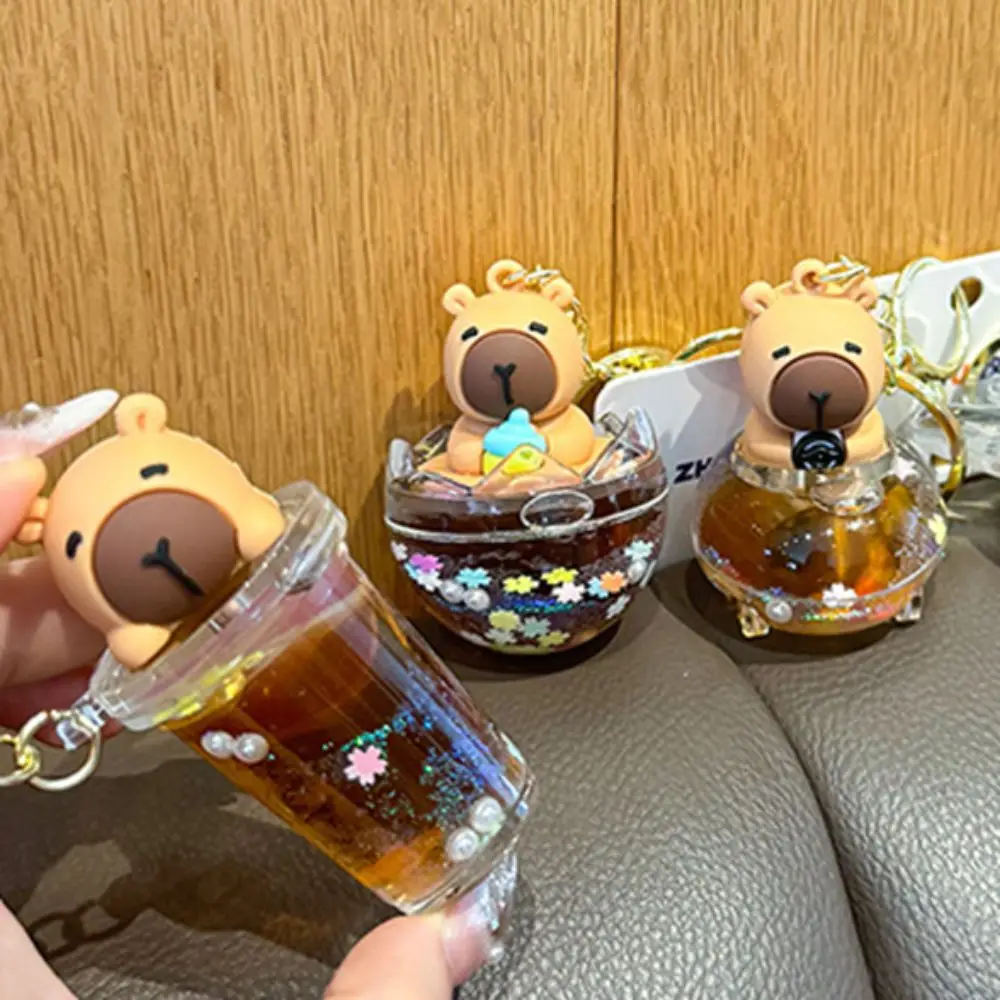 Flowing Sand Bottle Capybara Key Ring Bobblehead Oil Capybara Guinea Pig Keychain Anti-Lost Cartoon Capybara Backpack Pendant