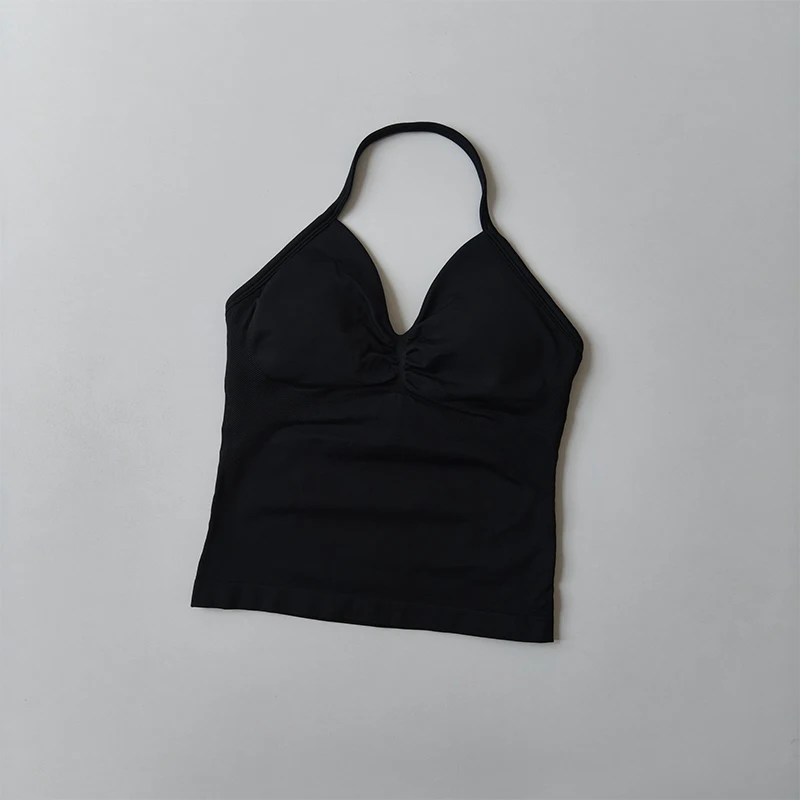 Lange, trägerlose, nahtlose Yoga-Tanktops mit gerafftem Rücken, ärmellose Fitness-Shirts mit integriertem BH, Sportbekleidung. – Detail 17