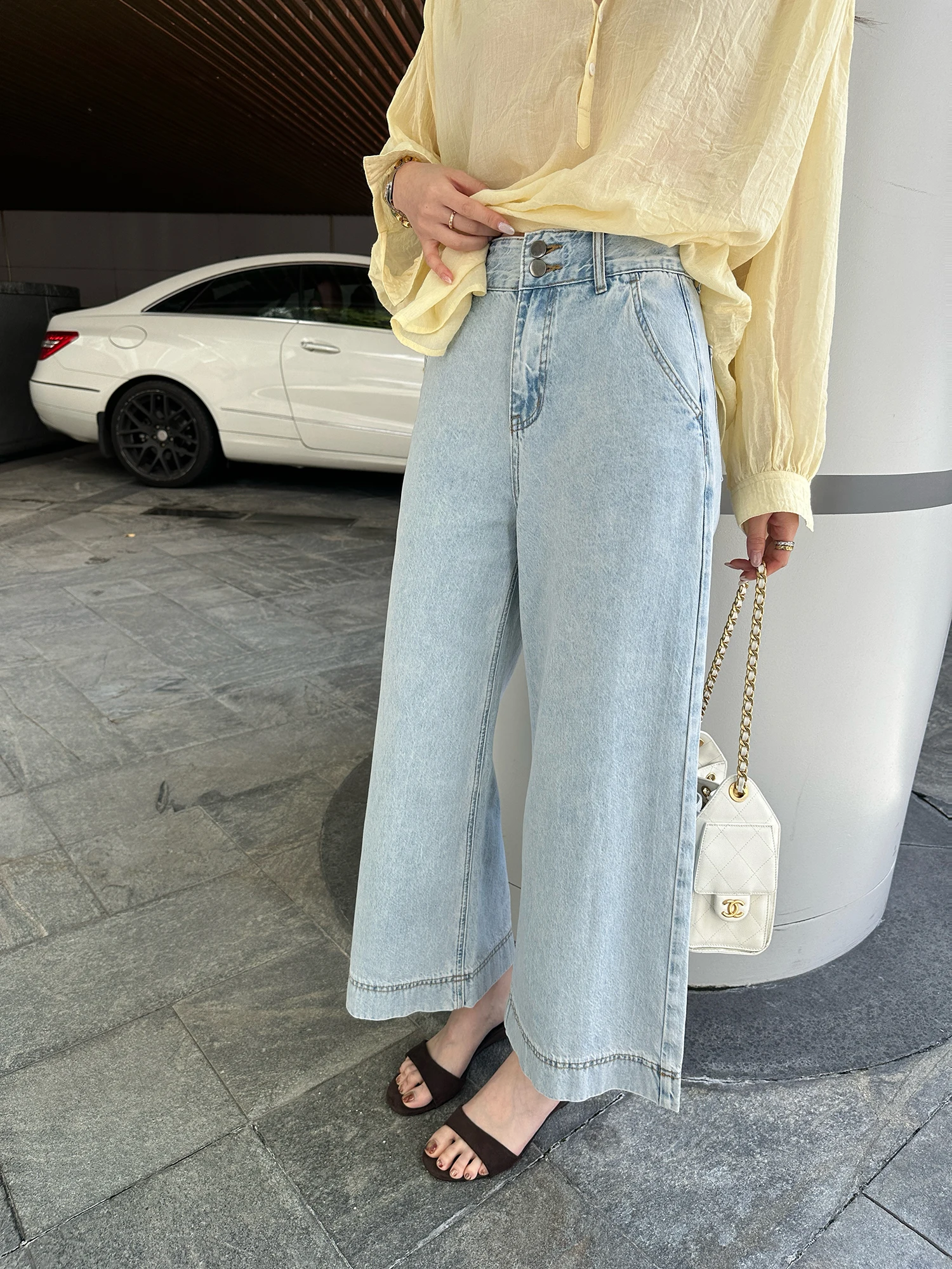 

Джинсы женские Dabaoxi из 100% хлопка, повседневные, свободного кроя, с высокой талией, на двойной застежке, с эффектом похудения, широкие штанины, весенняя мода, джинсовая ткань