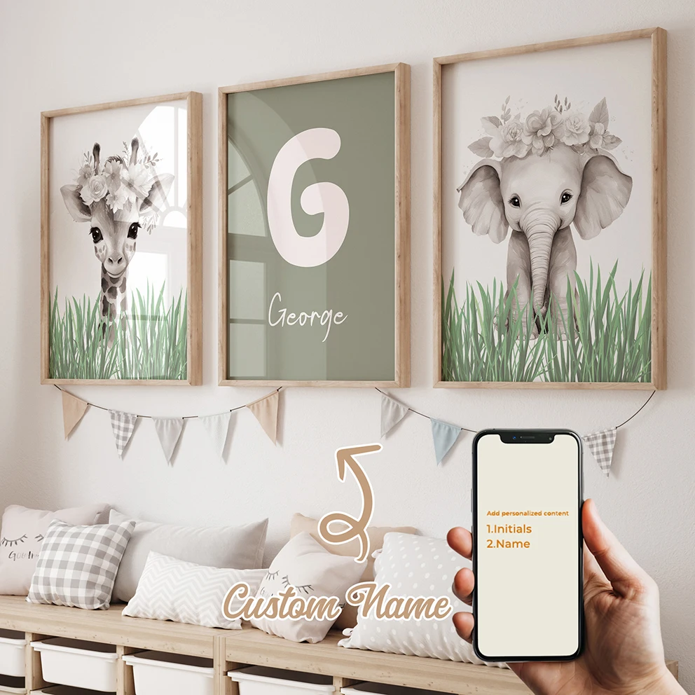 3pcs Personalized Custom Name Cartoon Giraffe Wall Art Print Picture Canvas Poster Painting For Living Child Room Home Decor