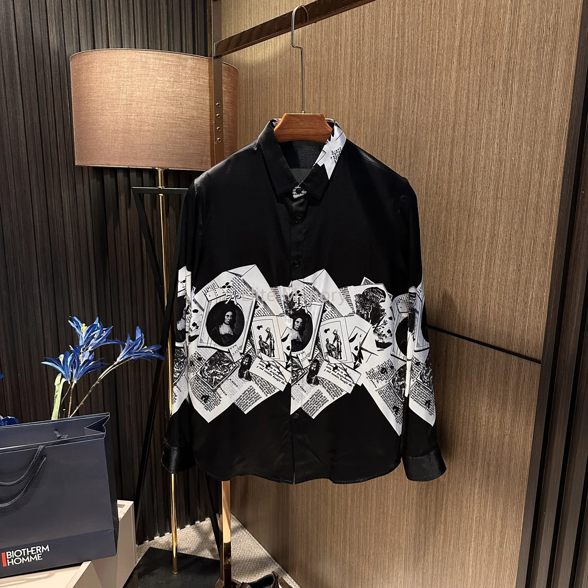 European and American comfortable mulberry silk autumn men's fashion printed long-sleeved shirt