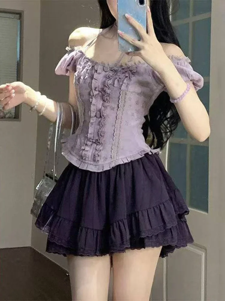 

2025 New Japanese Kawaii Sweet Elegant 2 Piece Set Women Lace Up Vintage Kawaii Set Female Y2k Princess Mini Skirt Suit