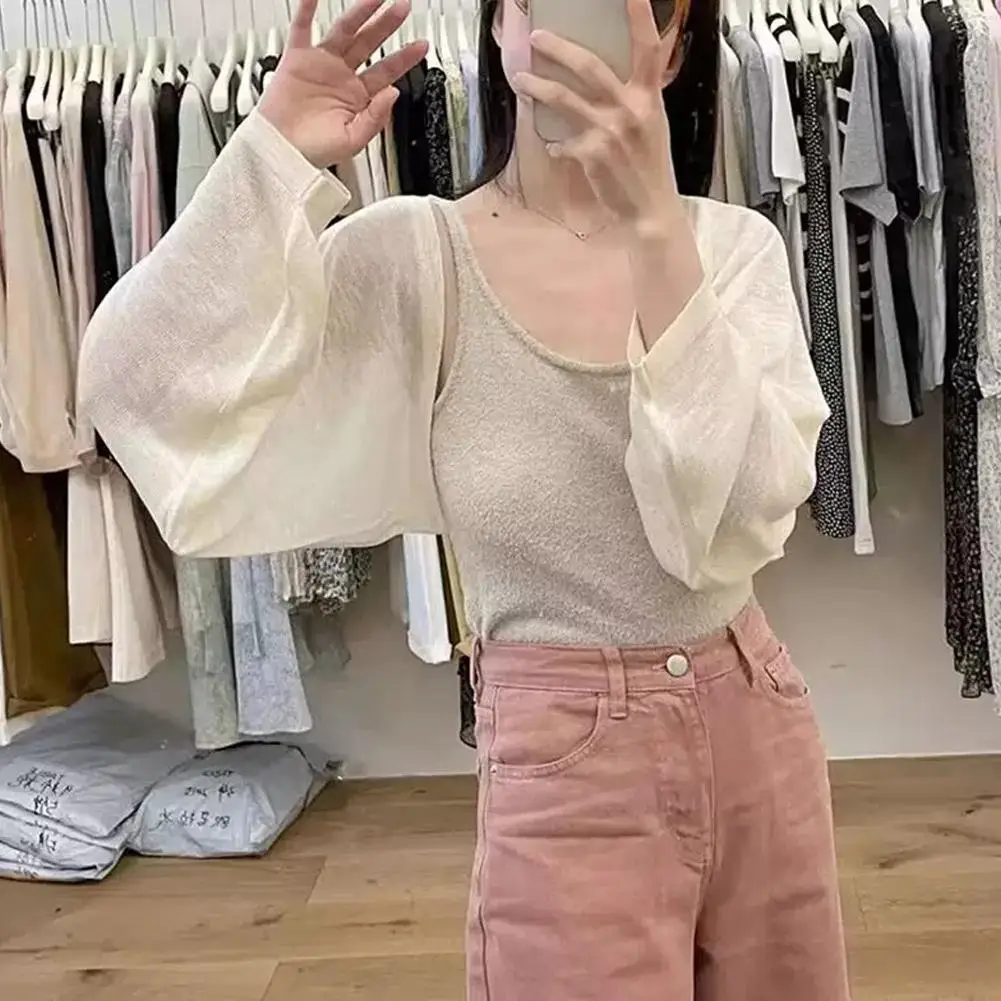 Summer-autumn Sunblock Knit Cardigan Sunblock Ruffled Design Casual Polyester Long Sleeve Short Ice Silk Shawl With Smock