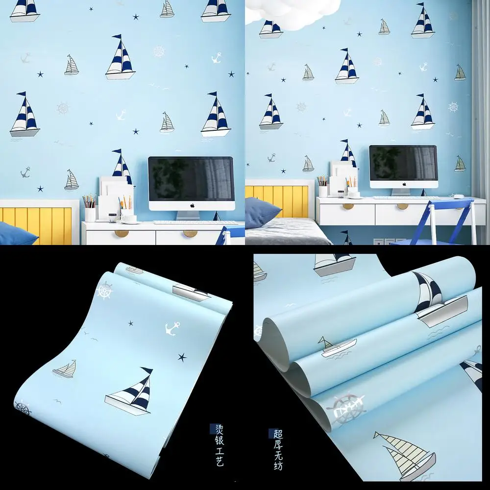 

Children's Room Wallpaper for Boys and Girls Bedroom Cartoon Nonwoven Wall Mural Cozy Background Starry Sky Stars Sailing Boat