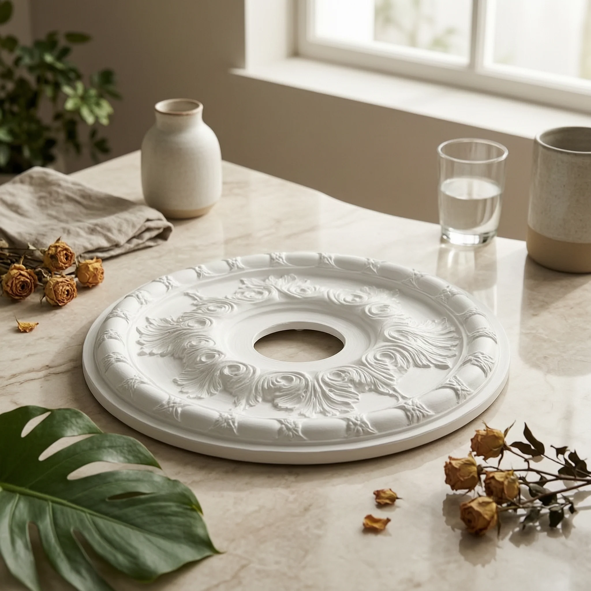Ceiling Medallion with Floral Relief Classical PU Ceiling Medallion Molding Lightweight Molded for Interior Designers