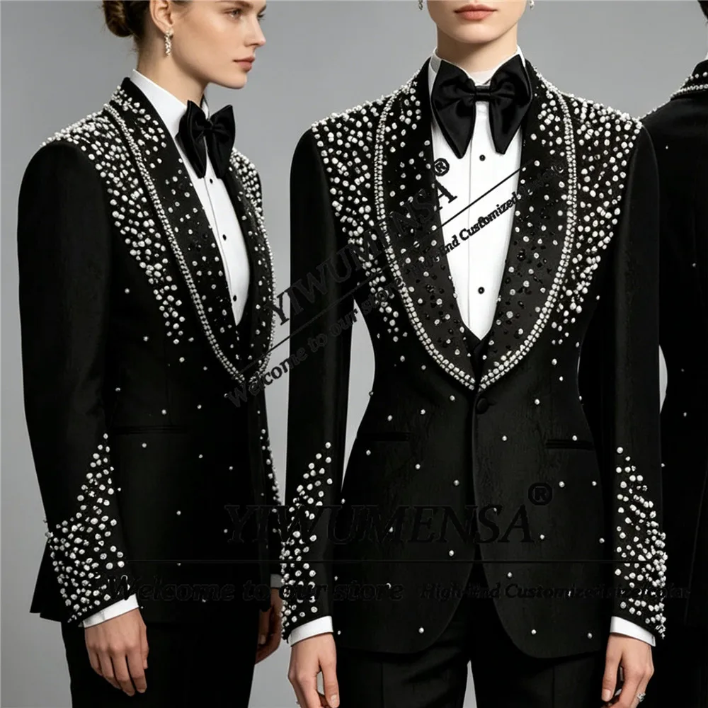 

Exclusive Crystlas Beading Suits Women Formal Wear Pearls Shawl Label Prom Blazer Customized Lady Business Party Tuxedo